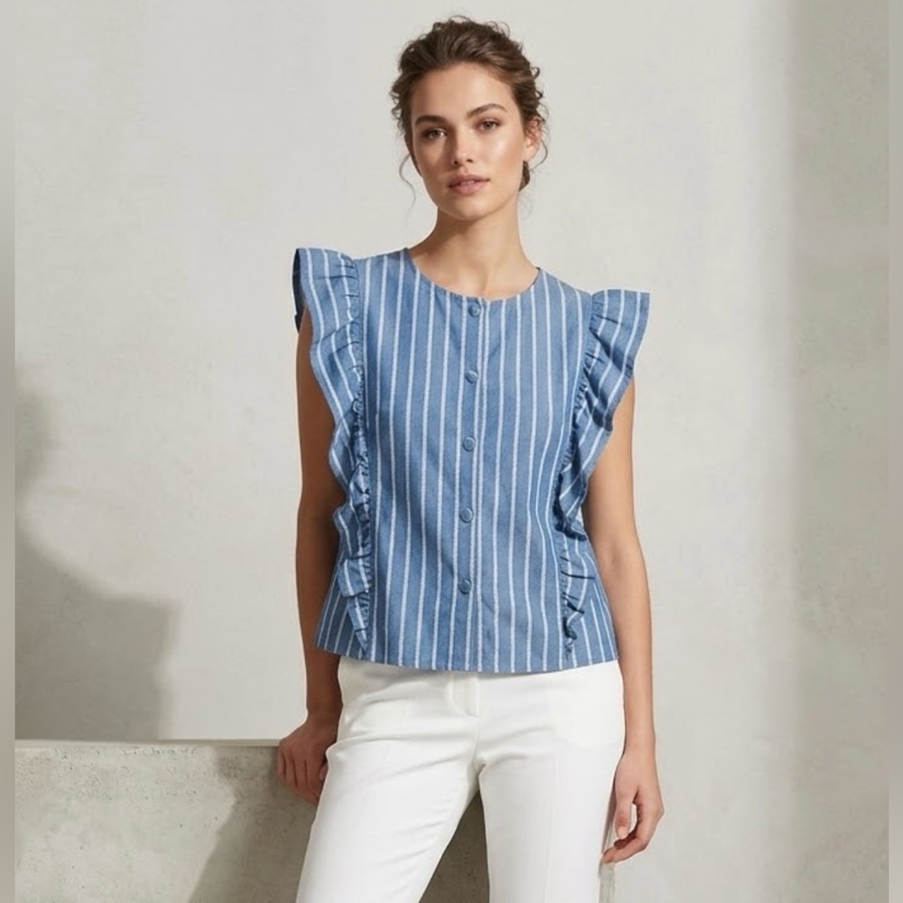 Elegant Denim Blouse with Ruffle Sleeves ptp 19” size 6